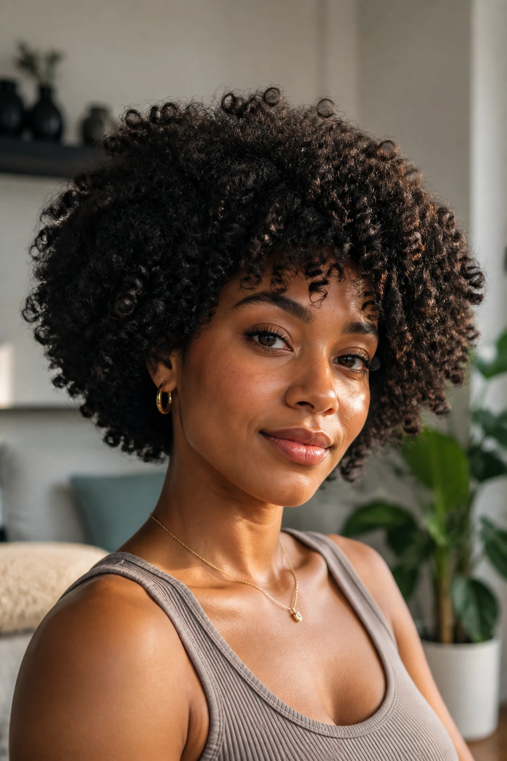 Close-up portrait of a real person wearing a rounded halo cut with soft cloud curls