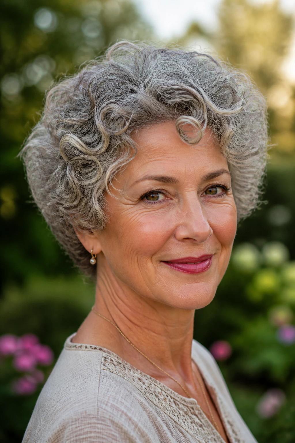 Close-up portrait of a real woman with halo cut and lifted crown