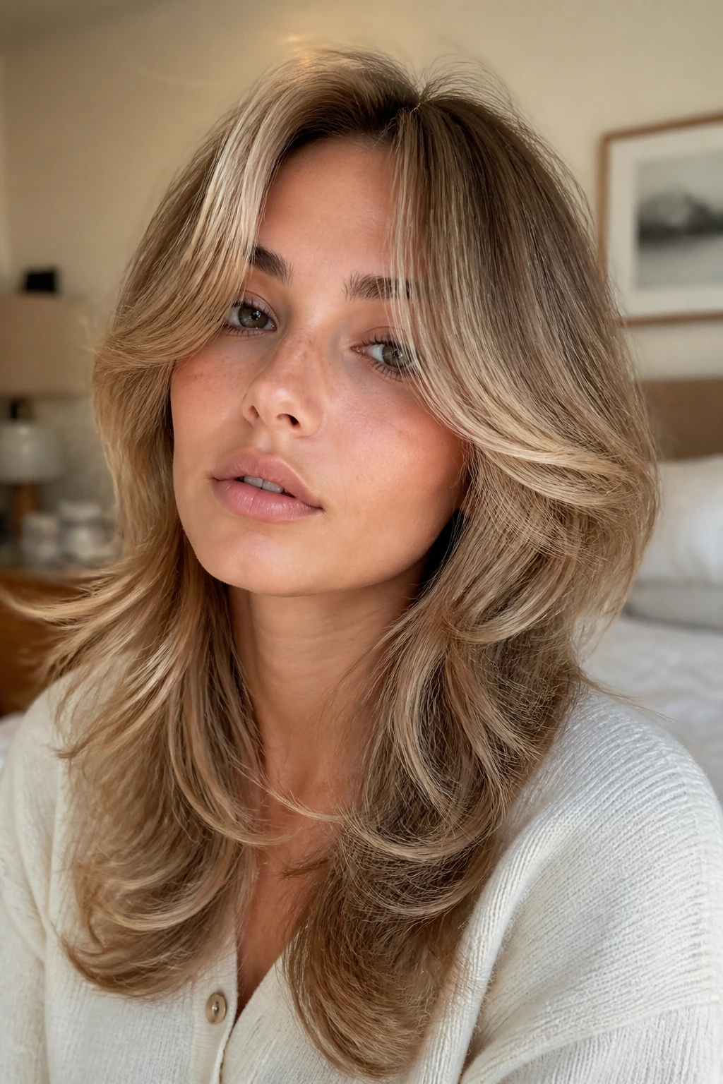 Close-up of a real person with halo face-framing wolf cut.