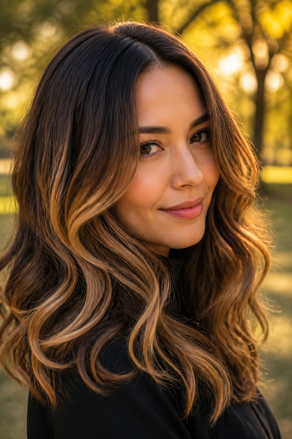 Ombre hair with halo fade on a real person in a park during golden hour