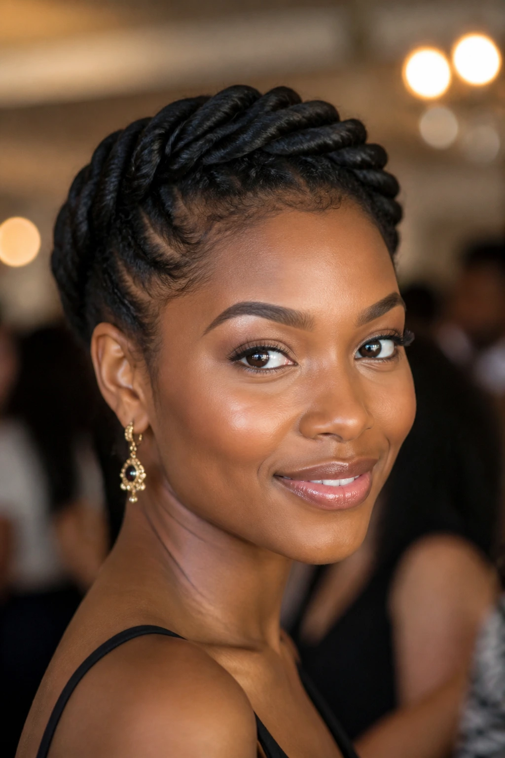 Real person with halo flat twists around the head in an event setting