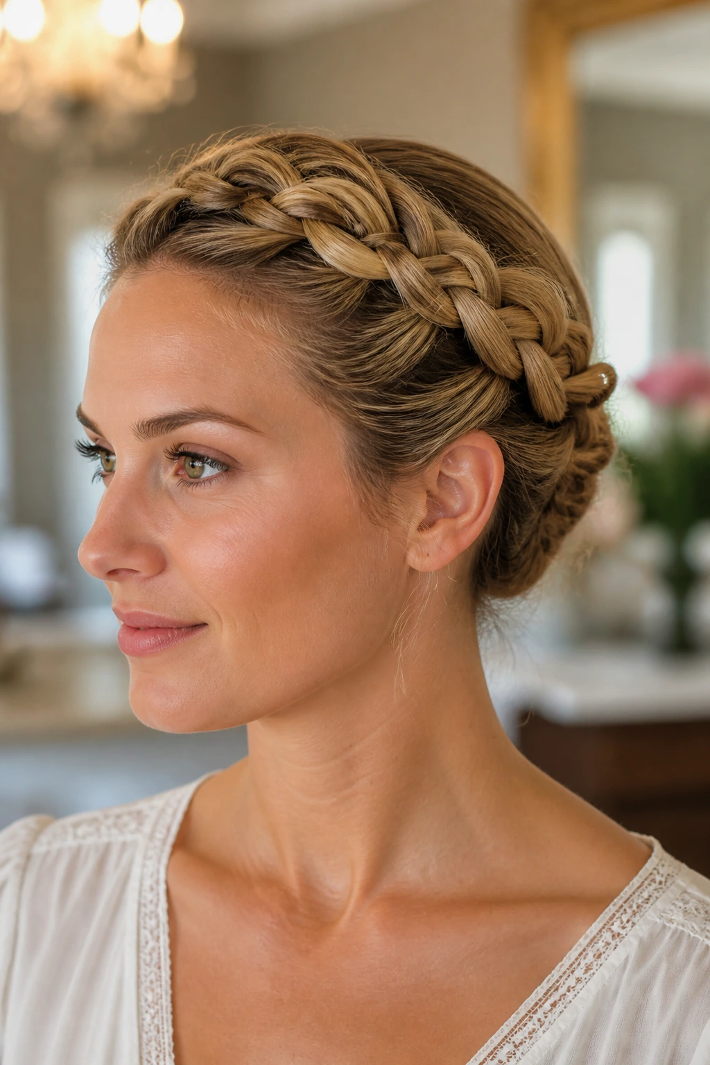 Close-up of a real person wearing a halo French braid around the hairline.