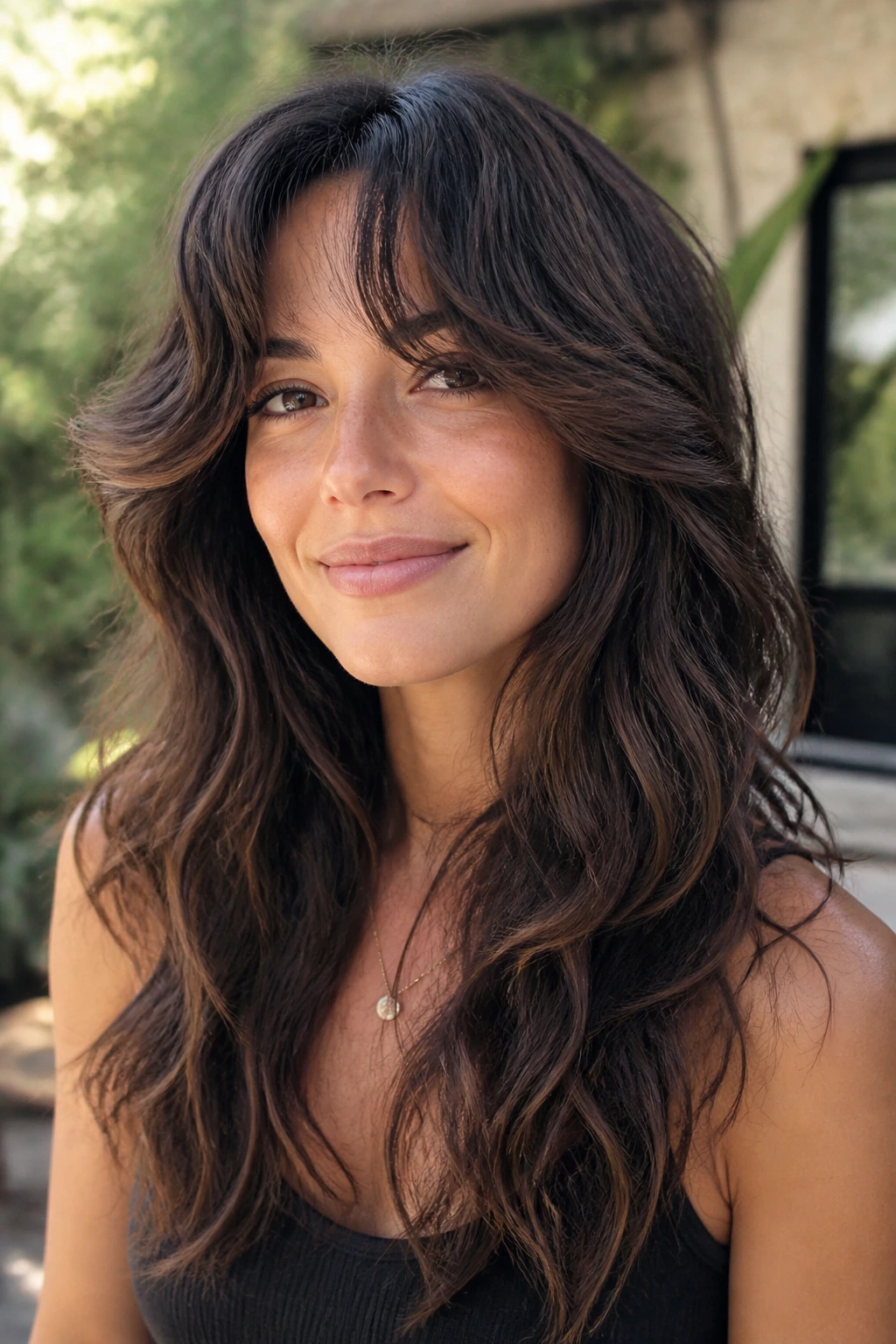Portrait of a real woman with halo fringe and cascading layers