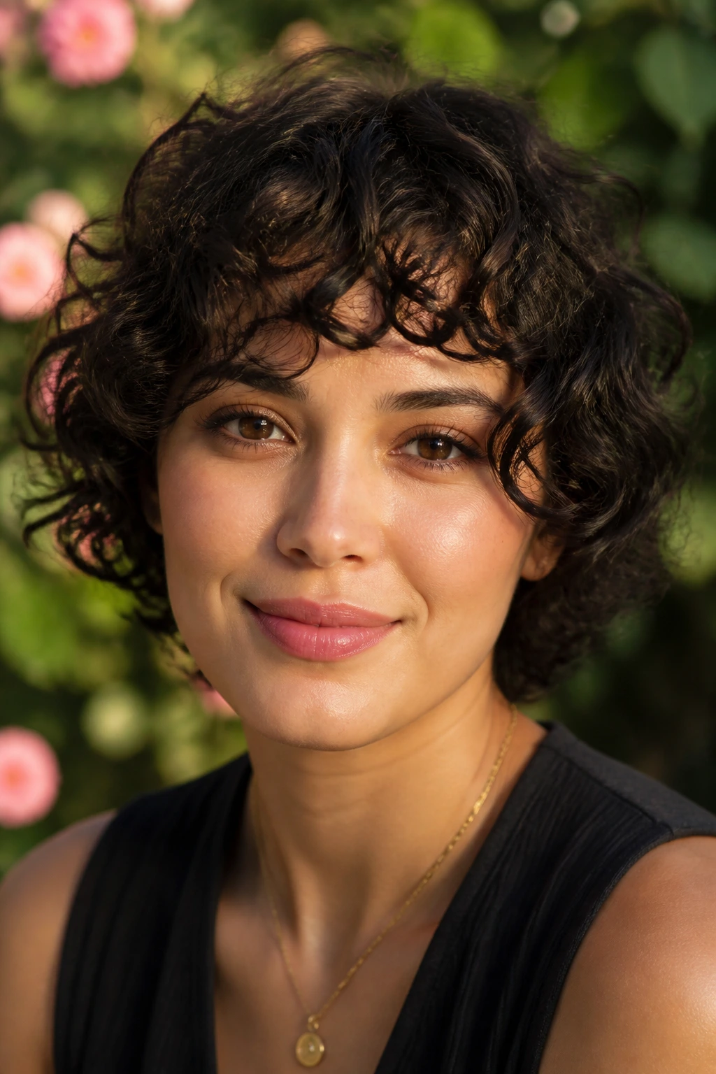 Close-up of a real woman wearing halo fringe in soft outdoor light