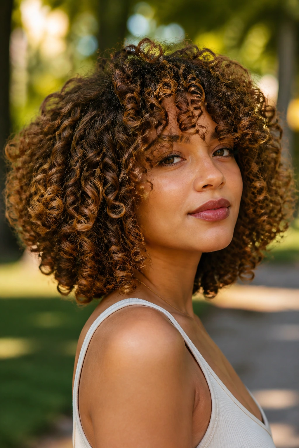 Close-up of a real woman with a halo layer cut