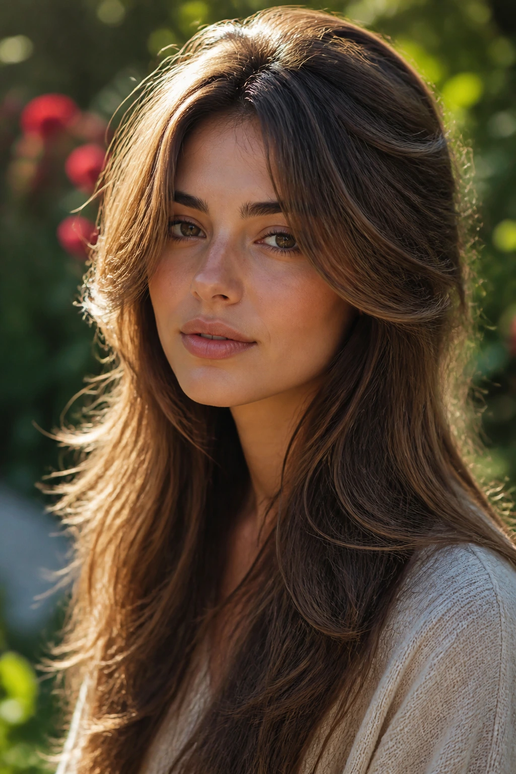 Portrait of a woman with halo-layered long cut showing crown lift.