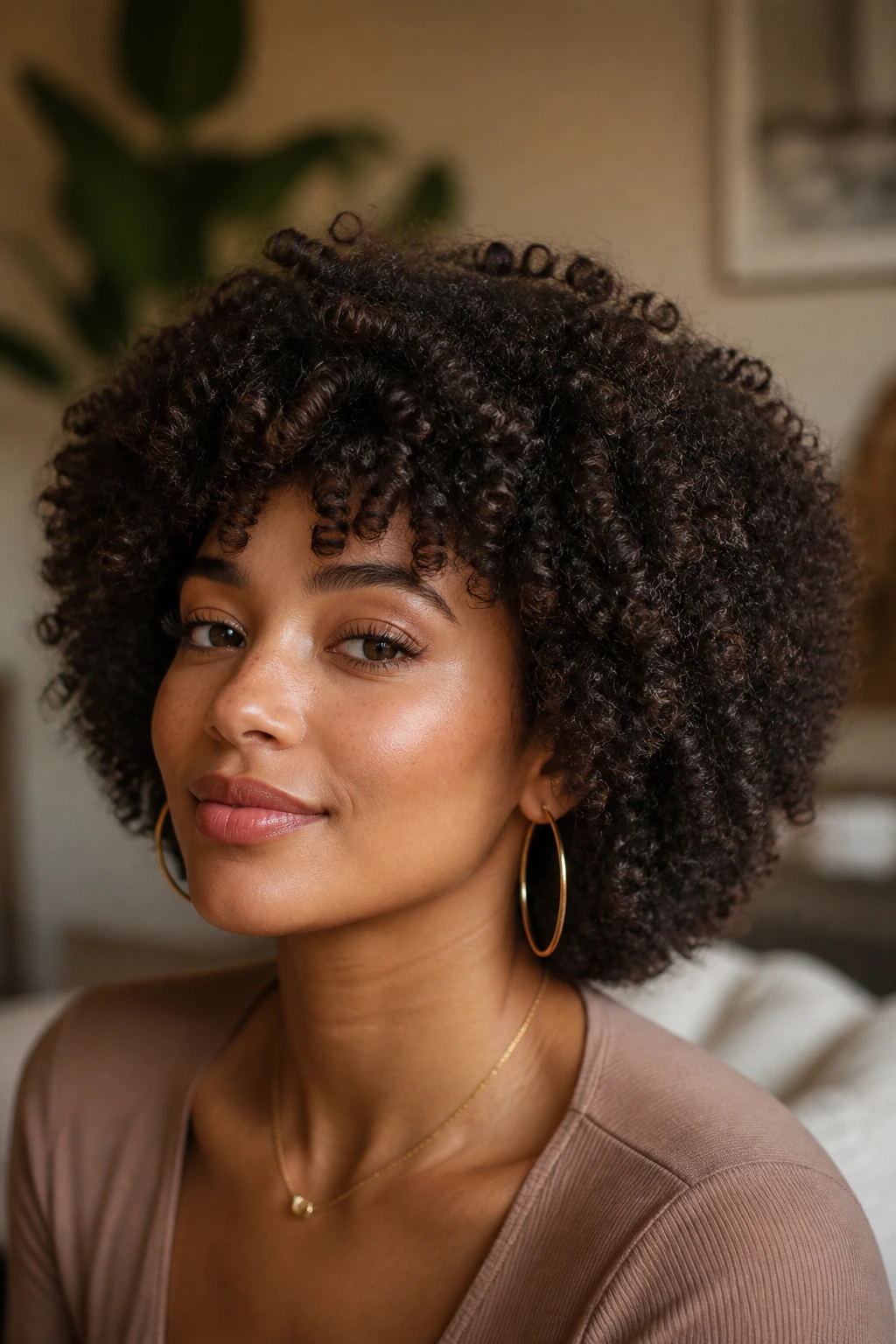 Portrait of woman with halo layers on dense coily hair, rounded crown shape