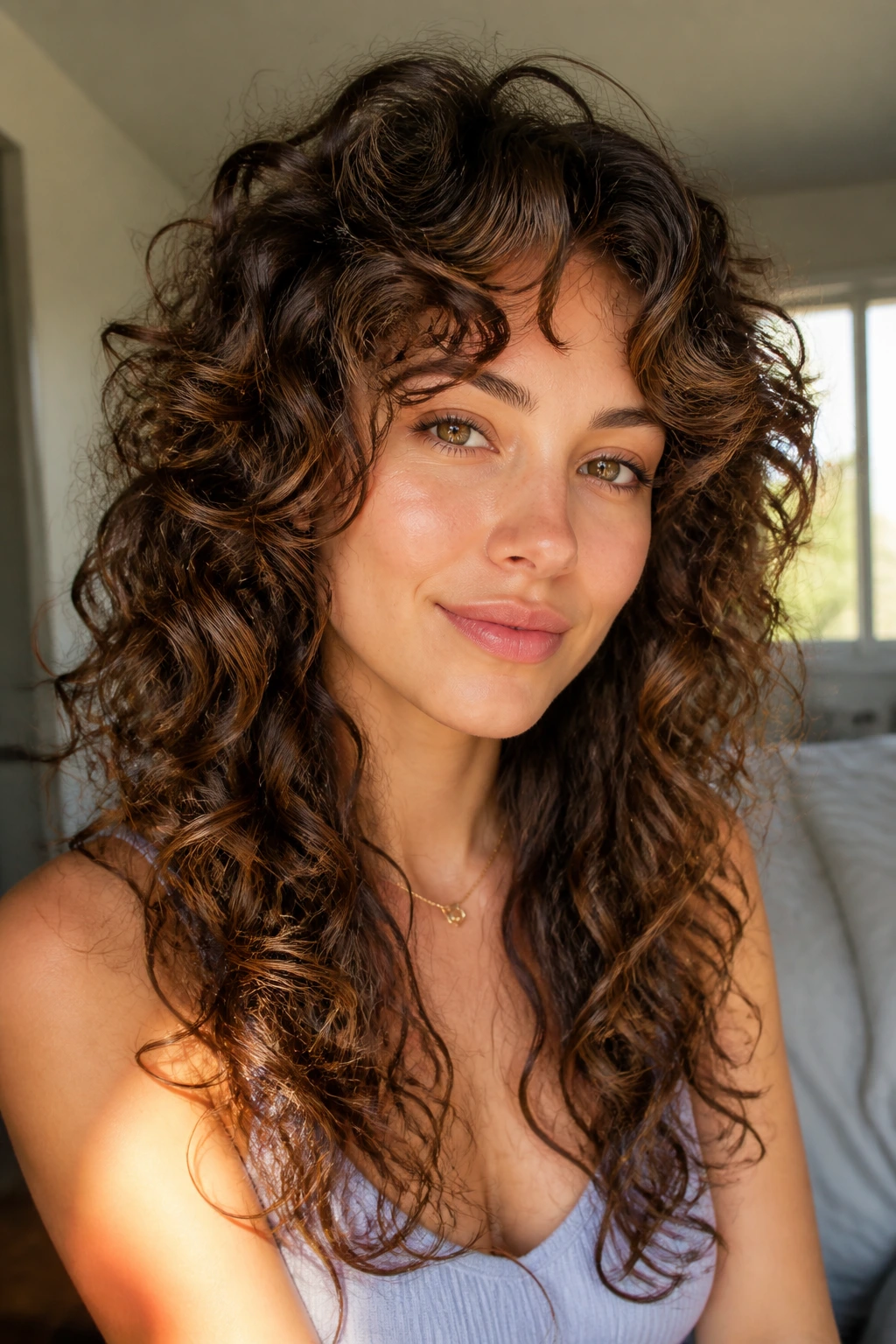 Real woman with halo layers around the crown lifting the top curls