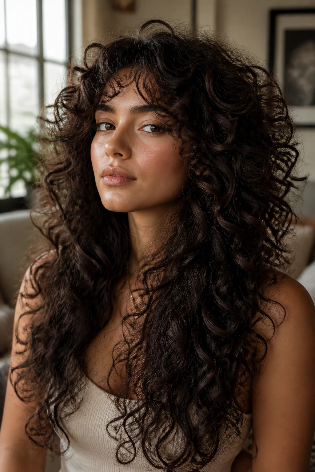 Front three-quarter view of a woman with halo layers around the crown