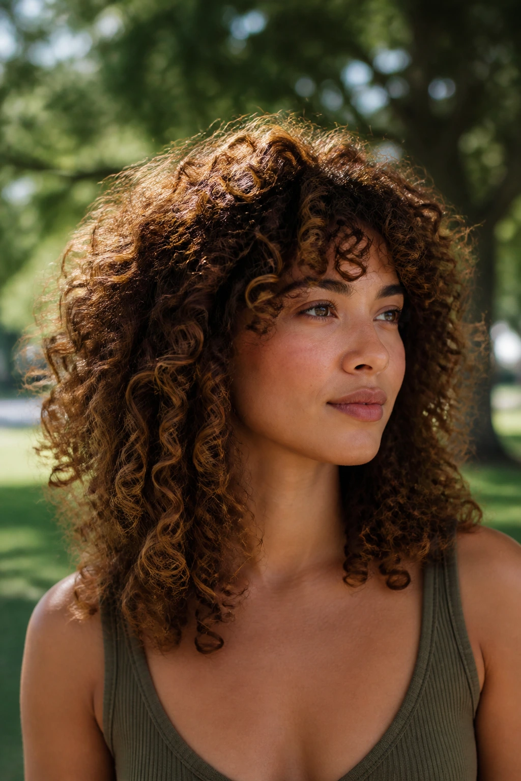 Real person with halo layers in curly hair outdoors