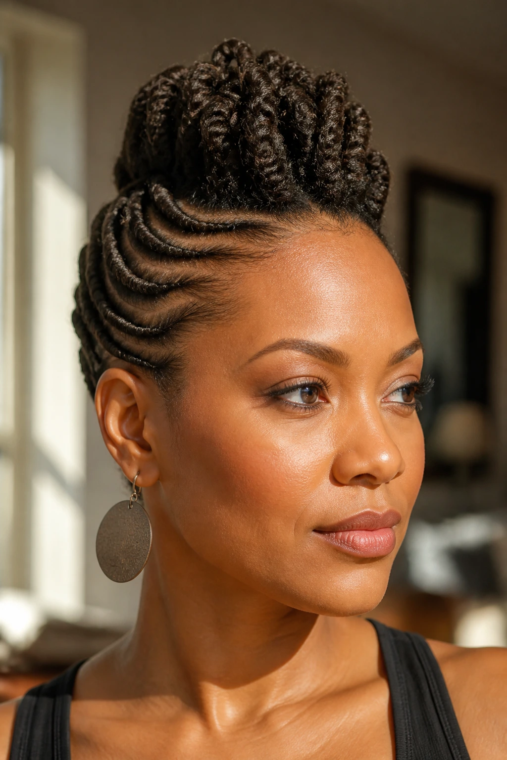 Close-up portrait of a woman with a twisted halo mohawk featuring twists forming a halo around a lifted center strip