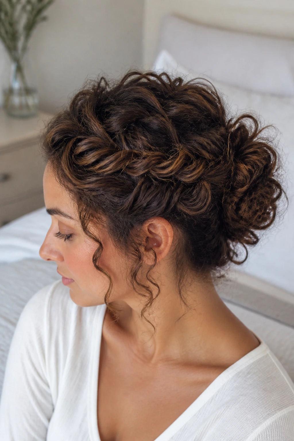 Close-up of Halo-Pinned Bun with crown halo of pins around curls in bright room
