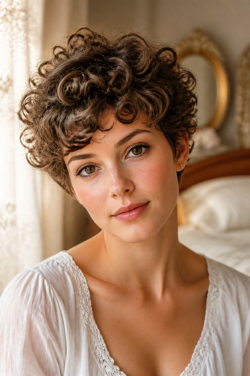 Real woman with Halo Pixie, curls form a soft crown in a warm room