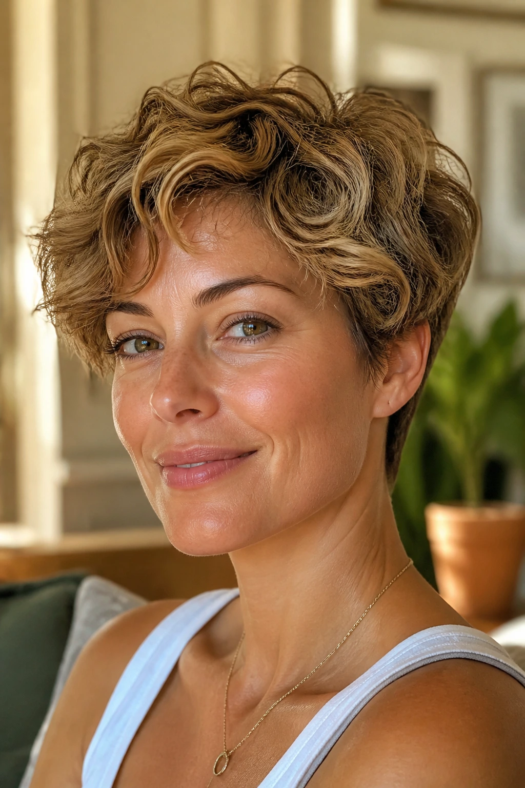 Close-up of a real woman with a halo pixie and rounded crown in a sunny living room