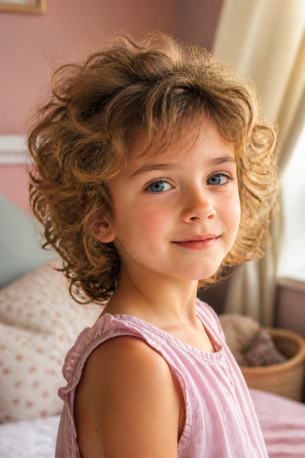 Close-up of a real child with Rounded Halo Shag in a cozy bedroom, crown lifted halo around head