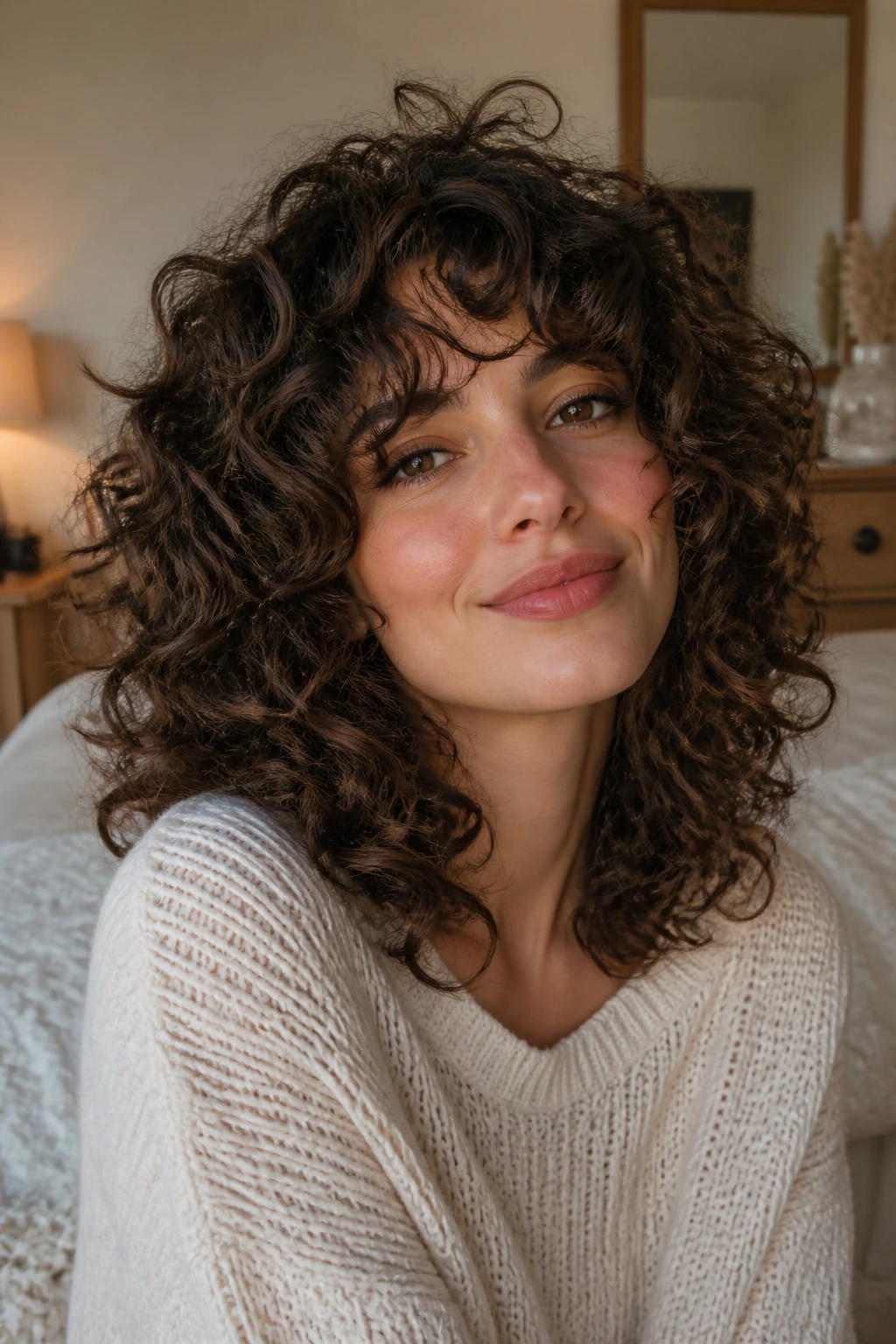 Close-up portrait of a real woman with a halo-shaped halo shag framing her head
