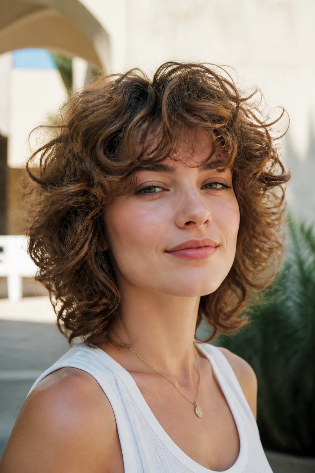 Real person with volumized halo shag under soft outdoor light.