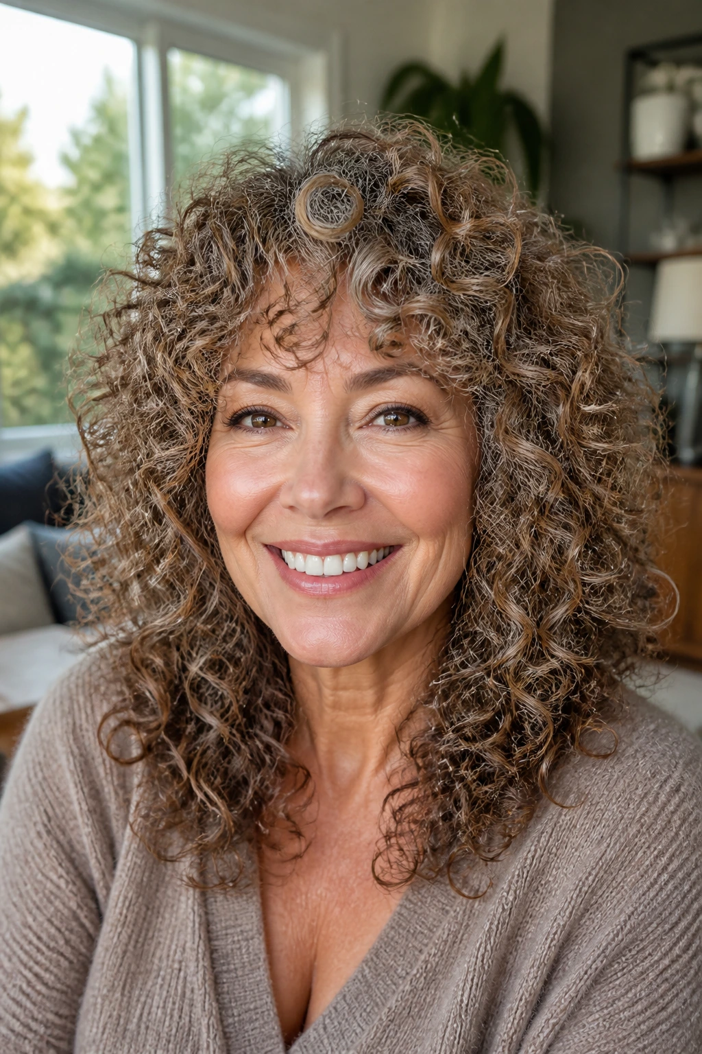 Real woman with halo shag and dense springy curls in bright natural light