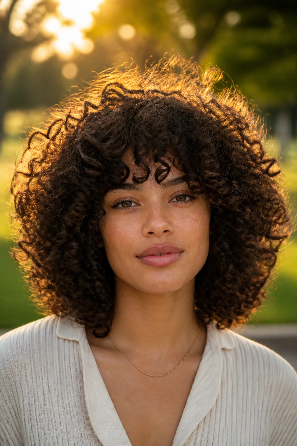 Real person with halo shag for dense curls in golden hour outdoor park.
