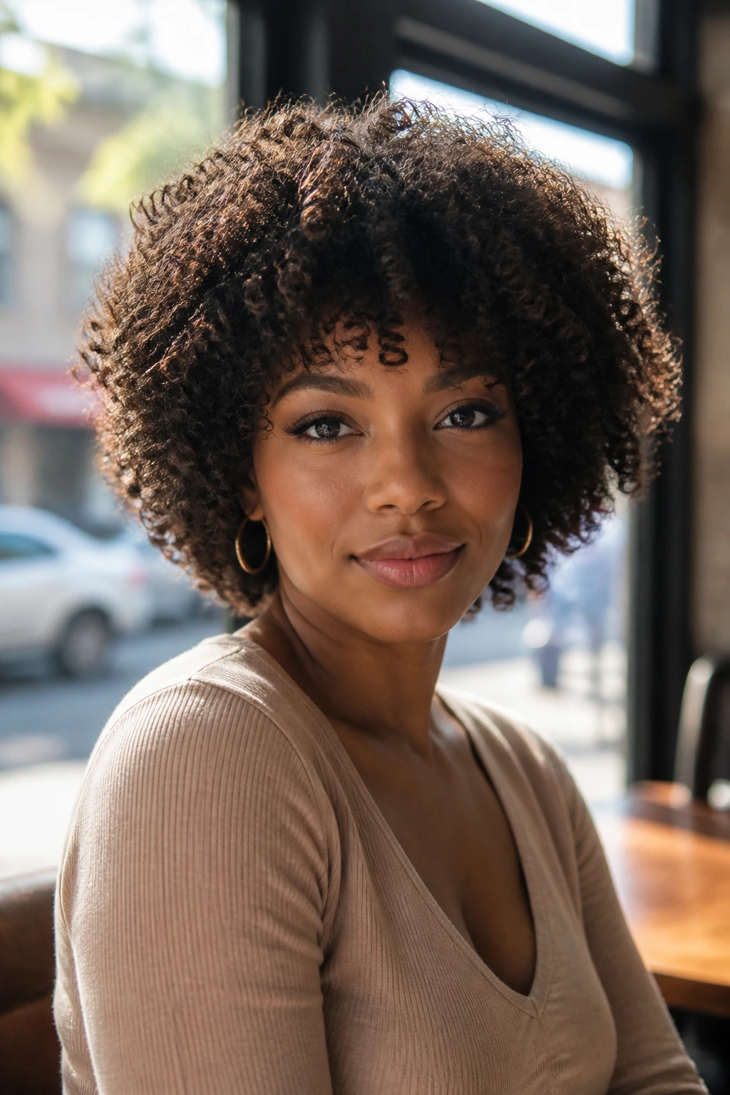 Close-up of real Black woman with halo shag rounded outline in sunlit cafe setting