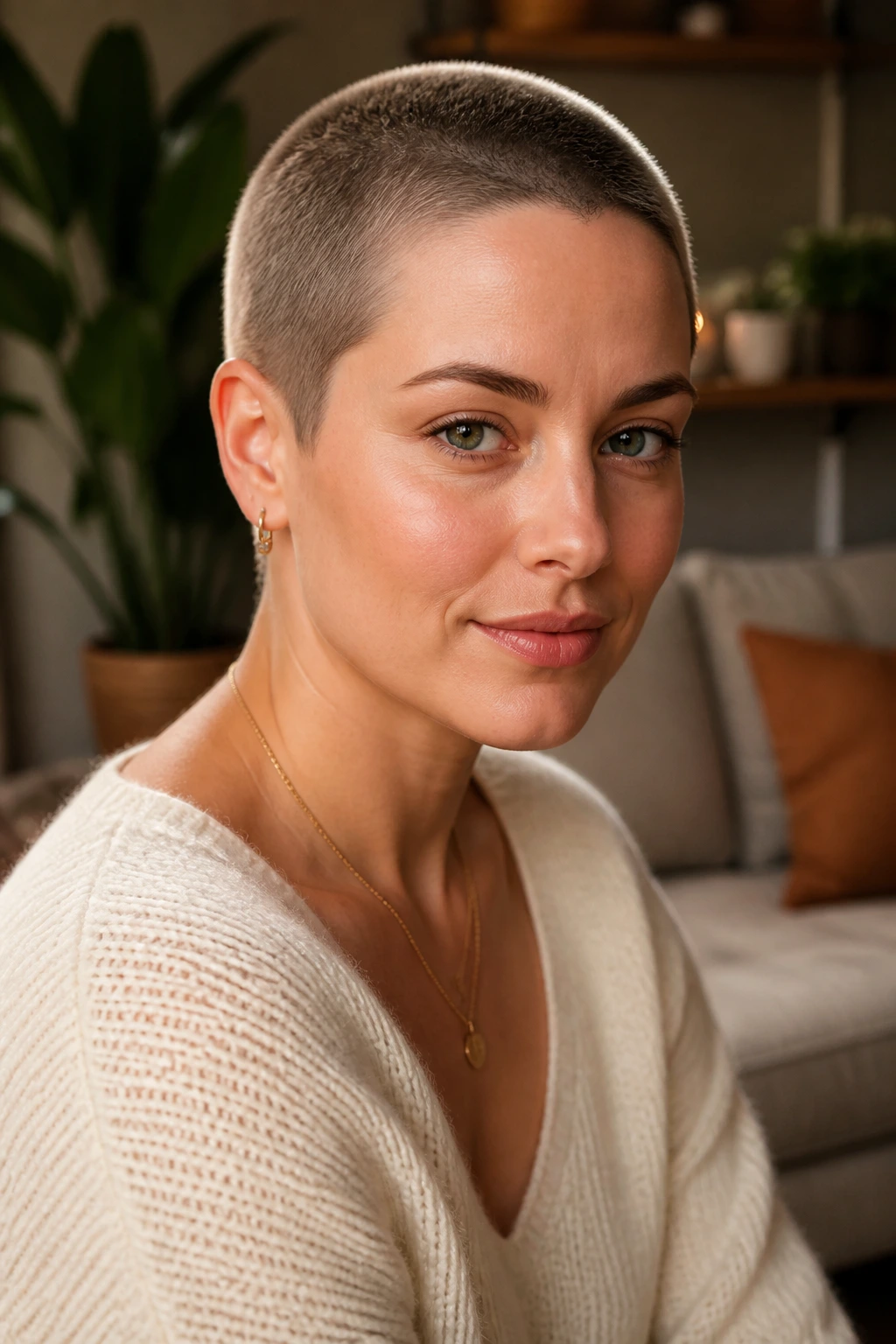 Real woman with halo-soft buzz close-up in warm living room light