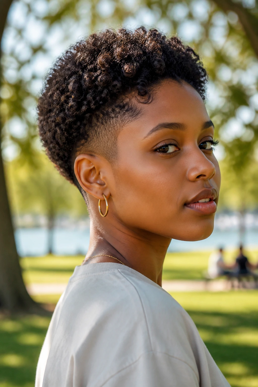 Close-up portrait showing halo taper curls with a gentle fade.