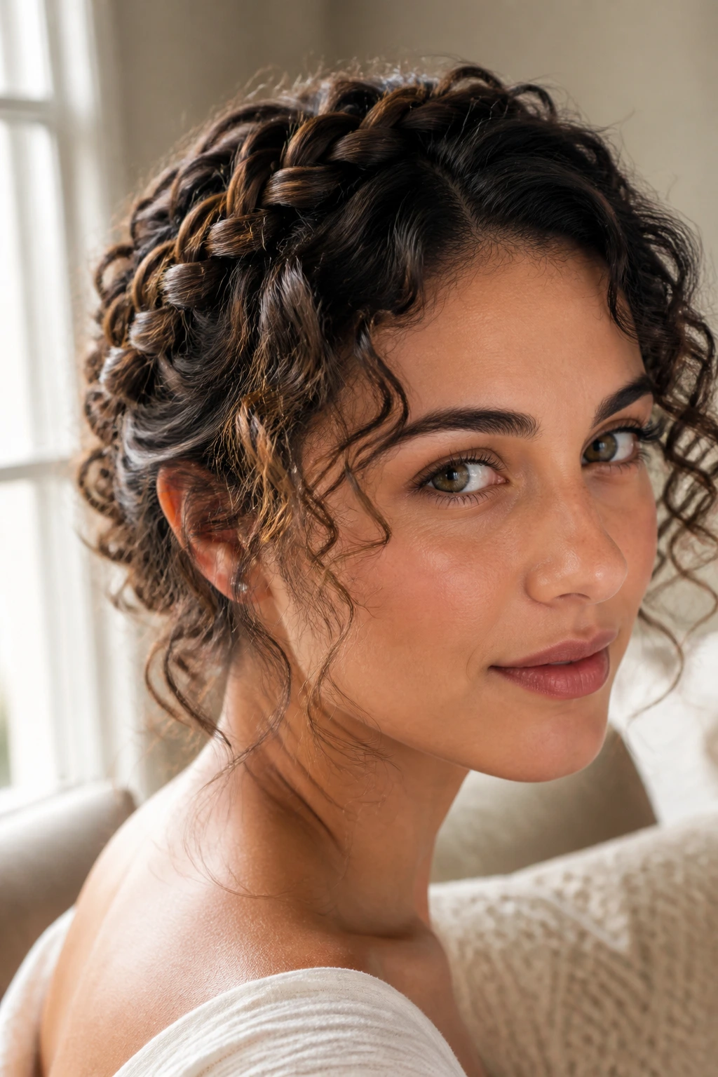 Close-up of a real woman's halo twists framing curls around the face.