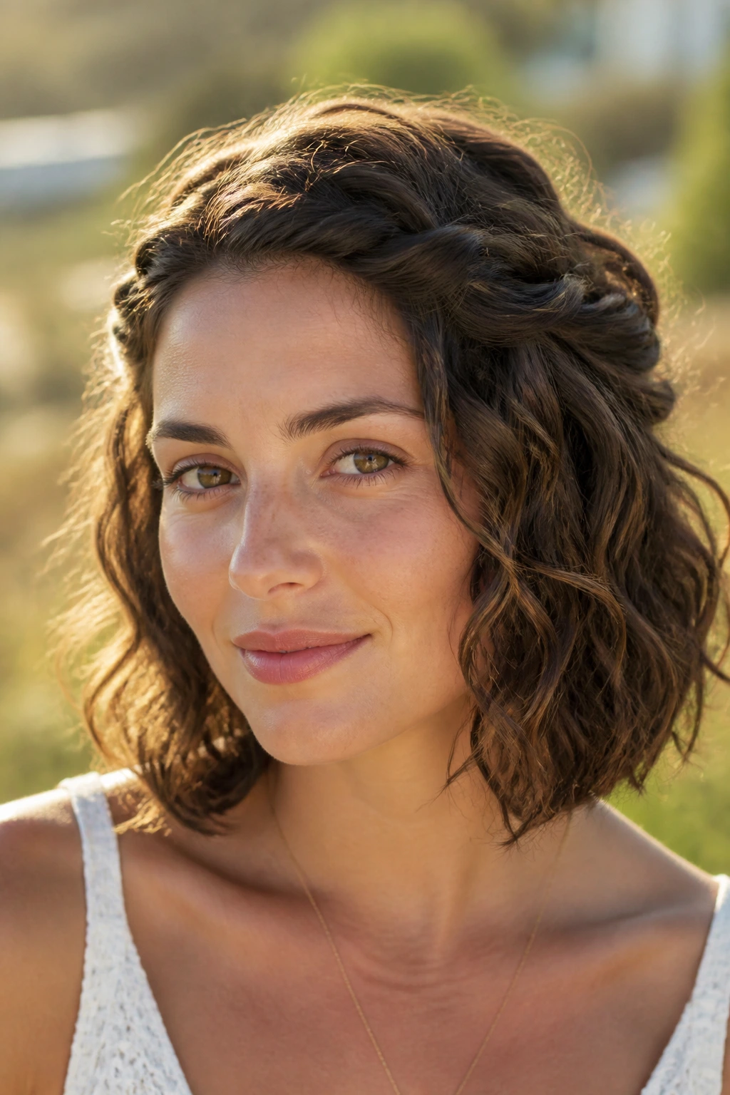 Portrait of a woman with a loose halo twist framing the face