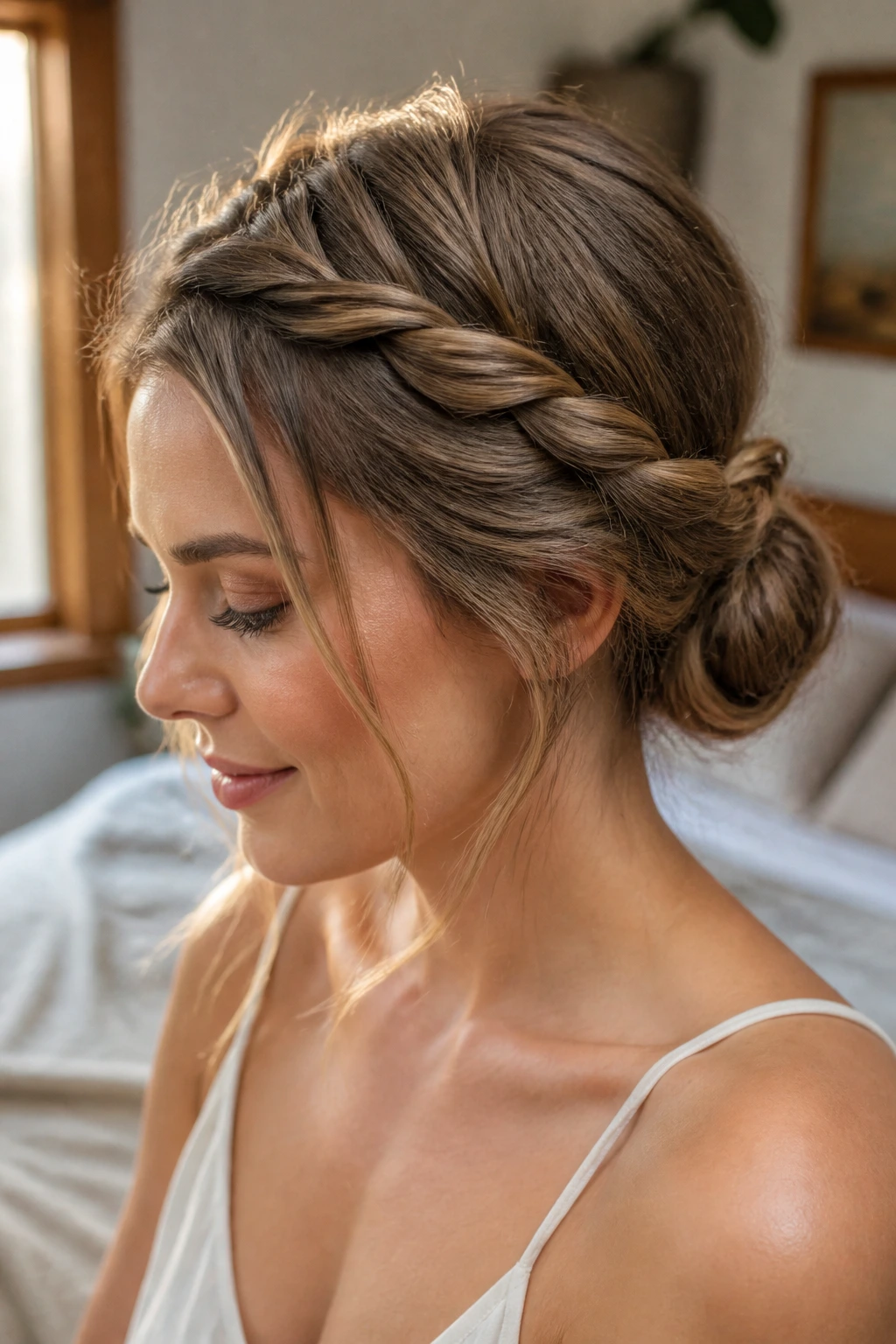 Close-up of a real person with halo twists forming a low bun in warm window light.