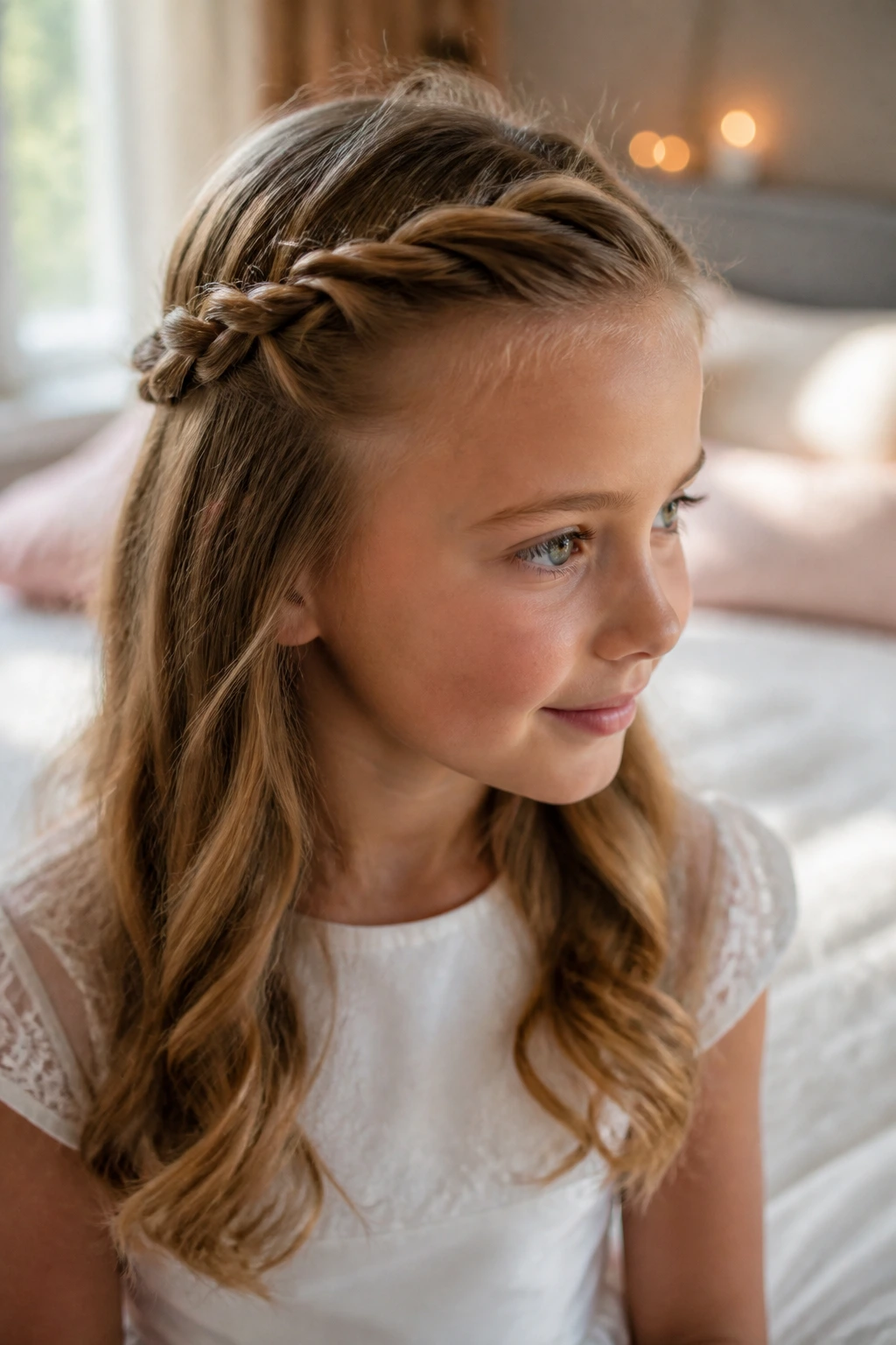 Close-up of a child with halo twists around the head and open ends