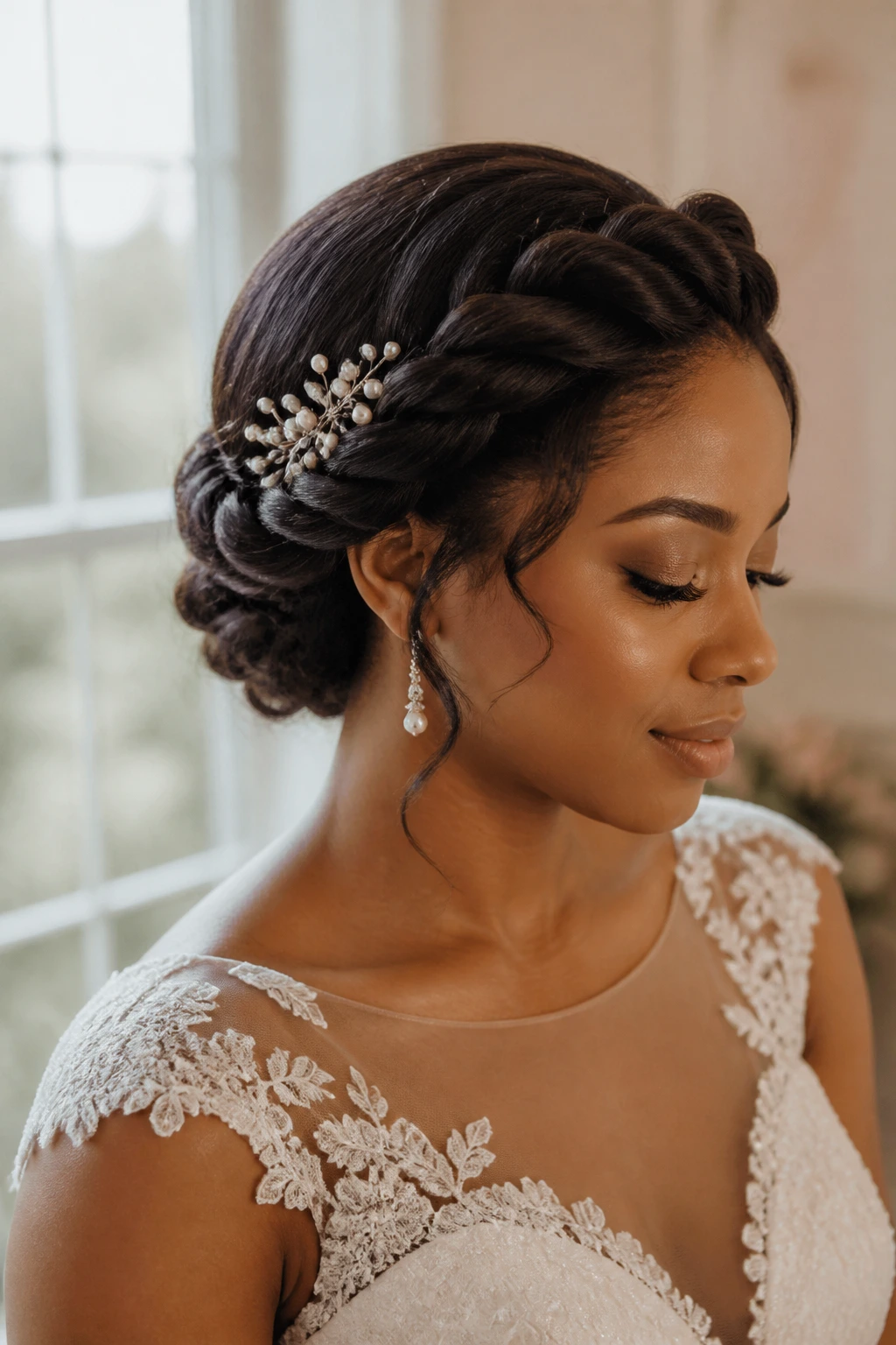 Bride wearing halo twist with pearl pins