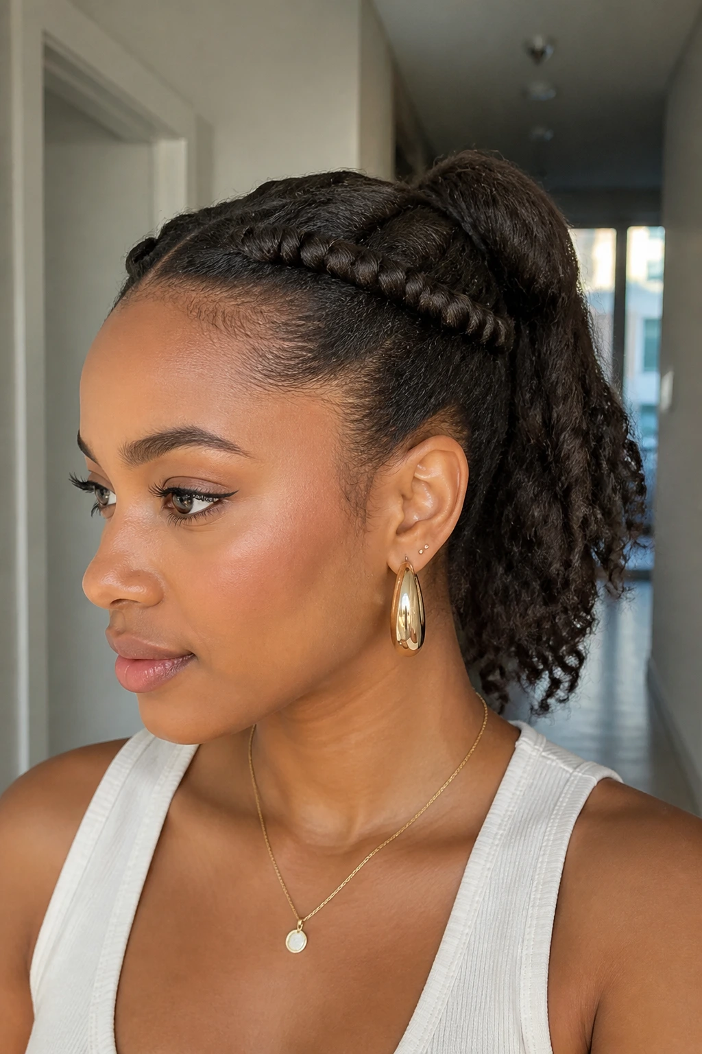 Close-up of a real woman with halo-twist pony hairstyle