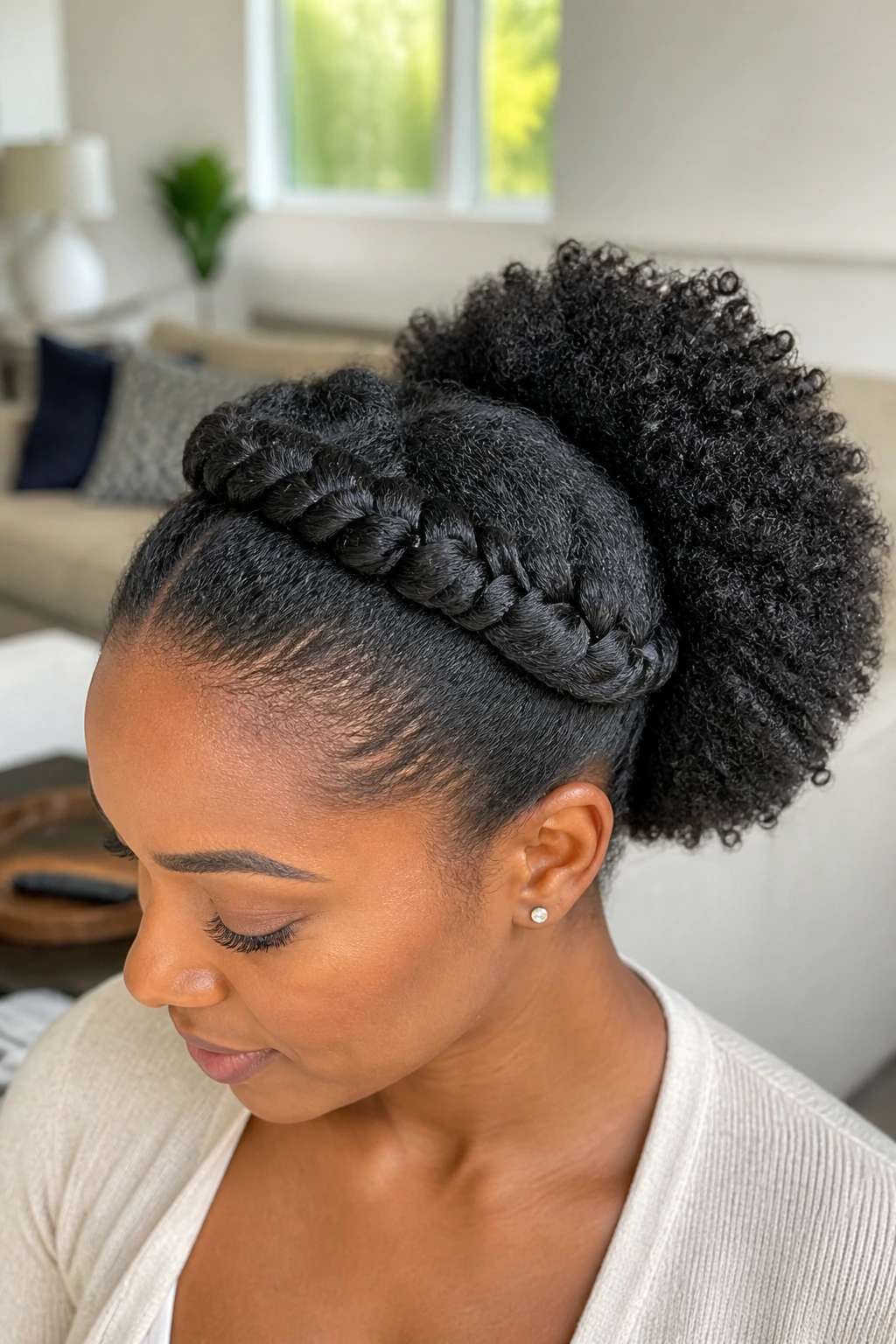Close-up of halo-twist puff hairstyle with crown twists forming a halo leading to the puff.