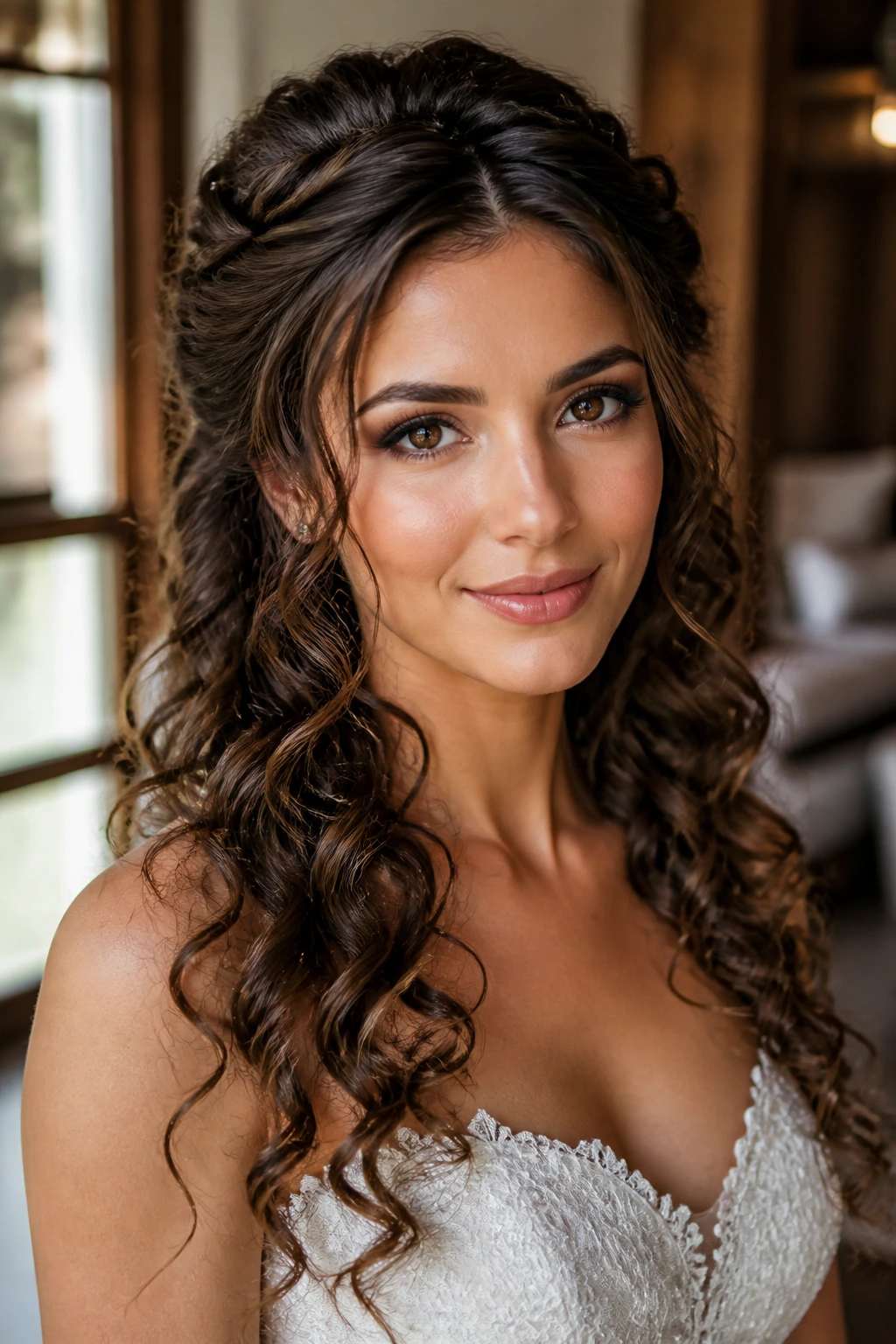 Bride with halo twist and defined ringlets under the crown