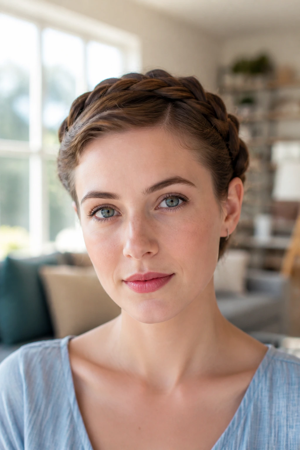 Close-up of a woman with halo twists for short hair in bright living room light