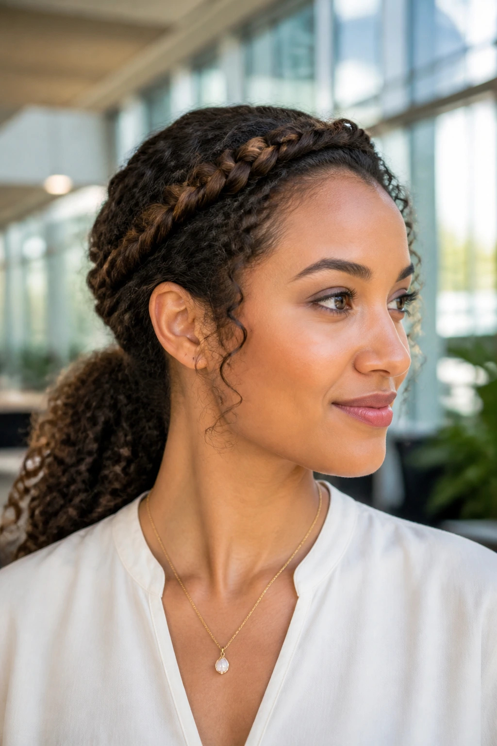 Close-up of a woman with a twisted halo and ponytail in a bright office