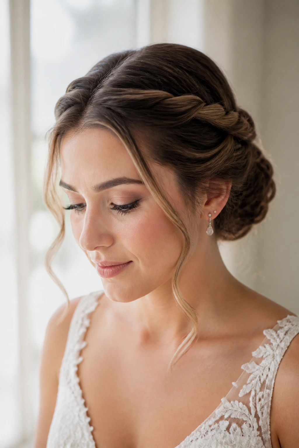 Close-up bride halo twists with hidden center bun in soft window light
