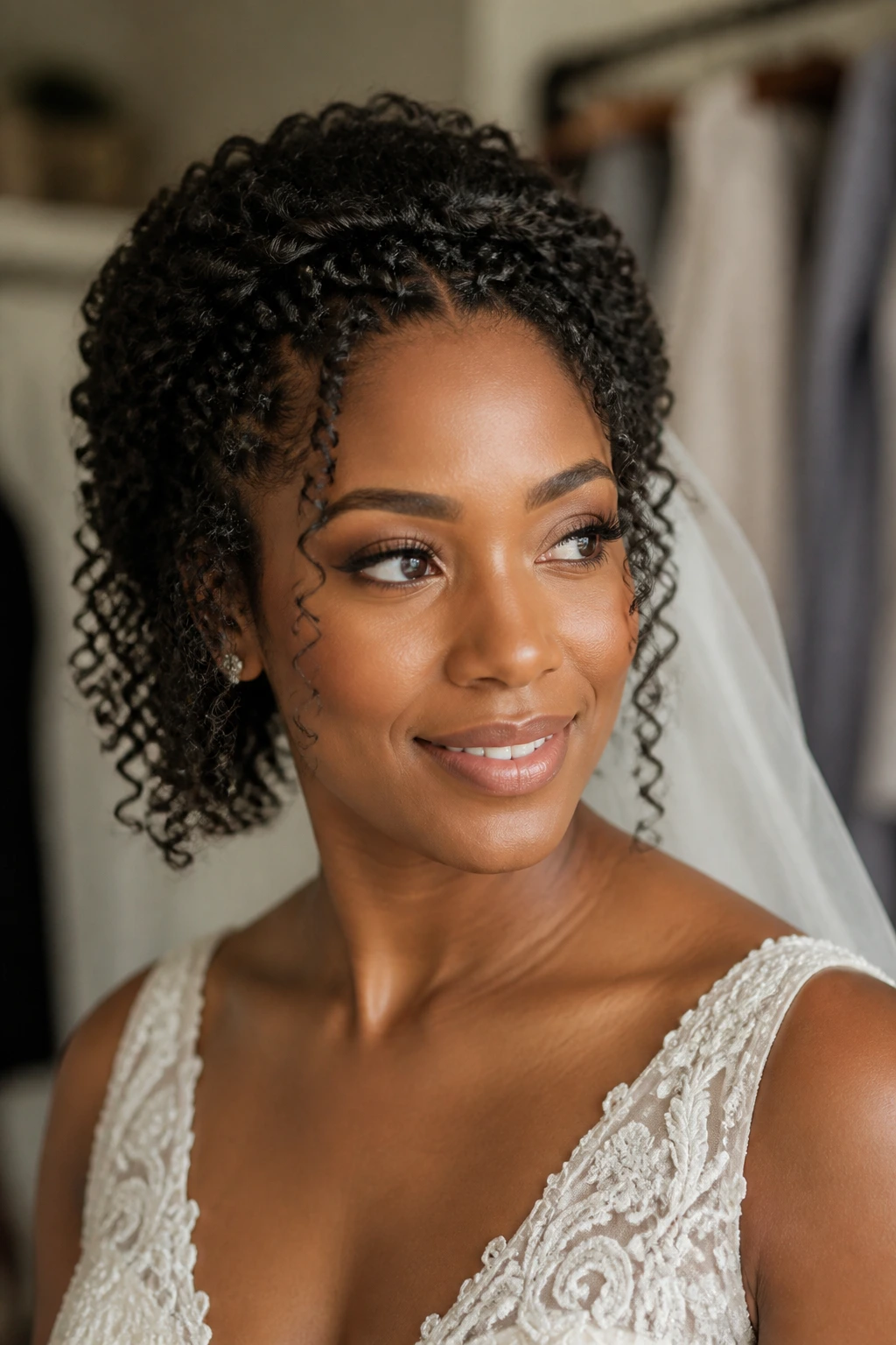 Close-up of bride with halo of mini twists around crown