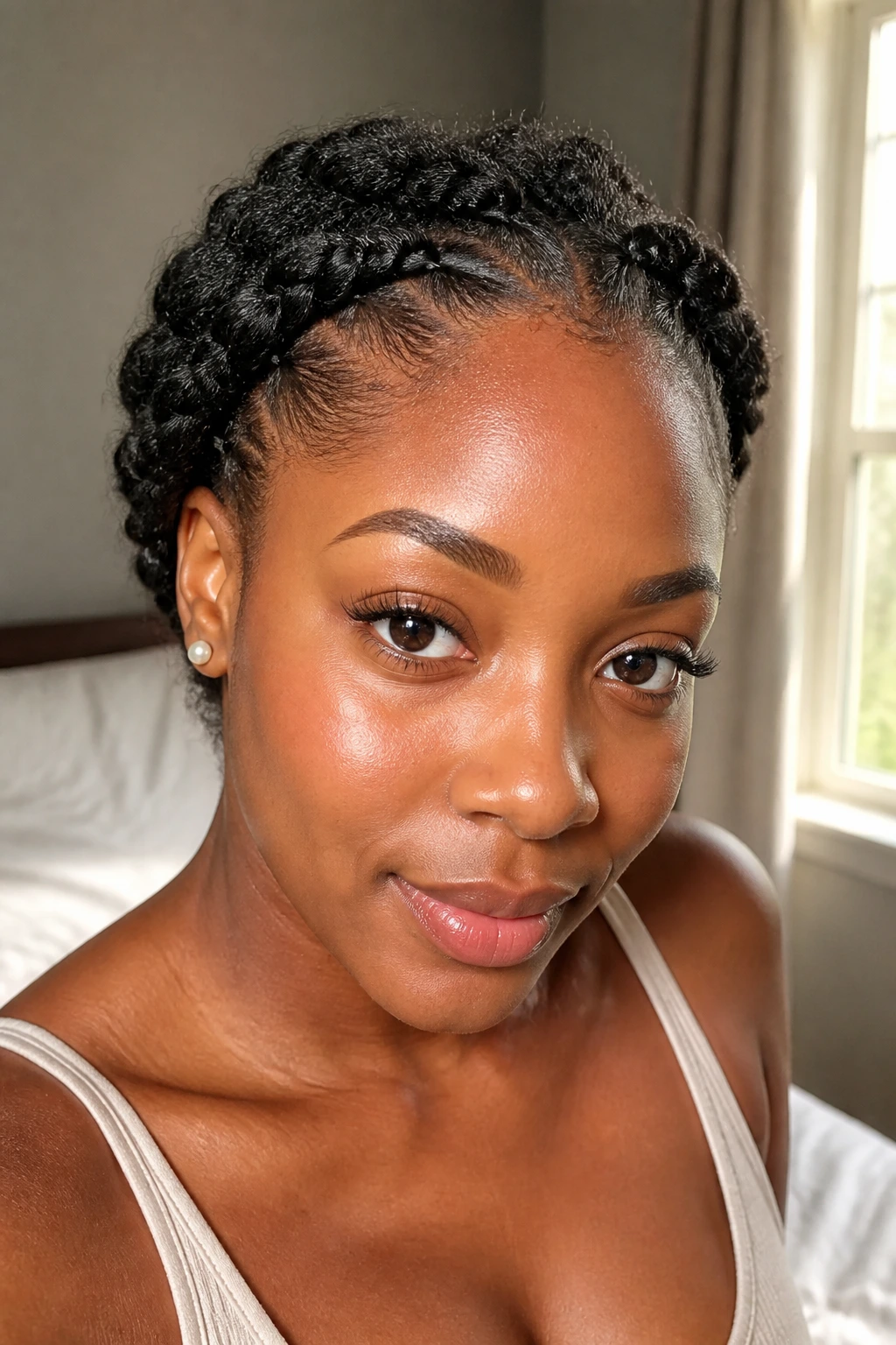 Close-up of halo flat twists around the hairline on a real woman