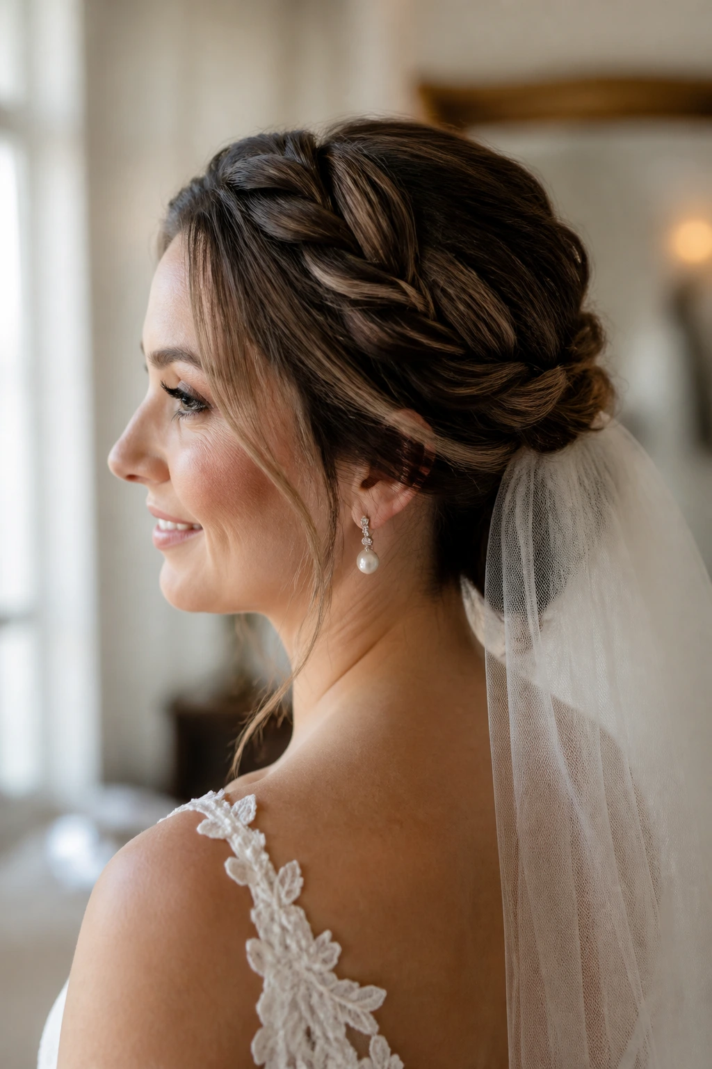 Close-up of a real bride with a soft halo updo and veil placement.