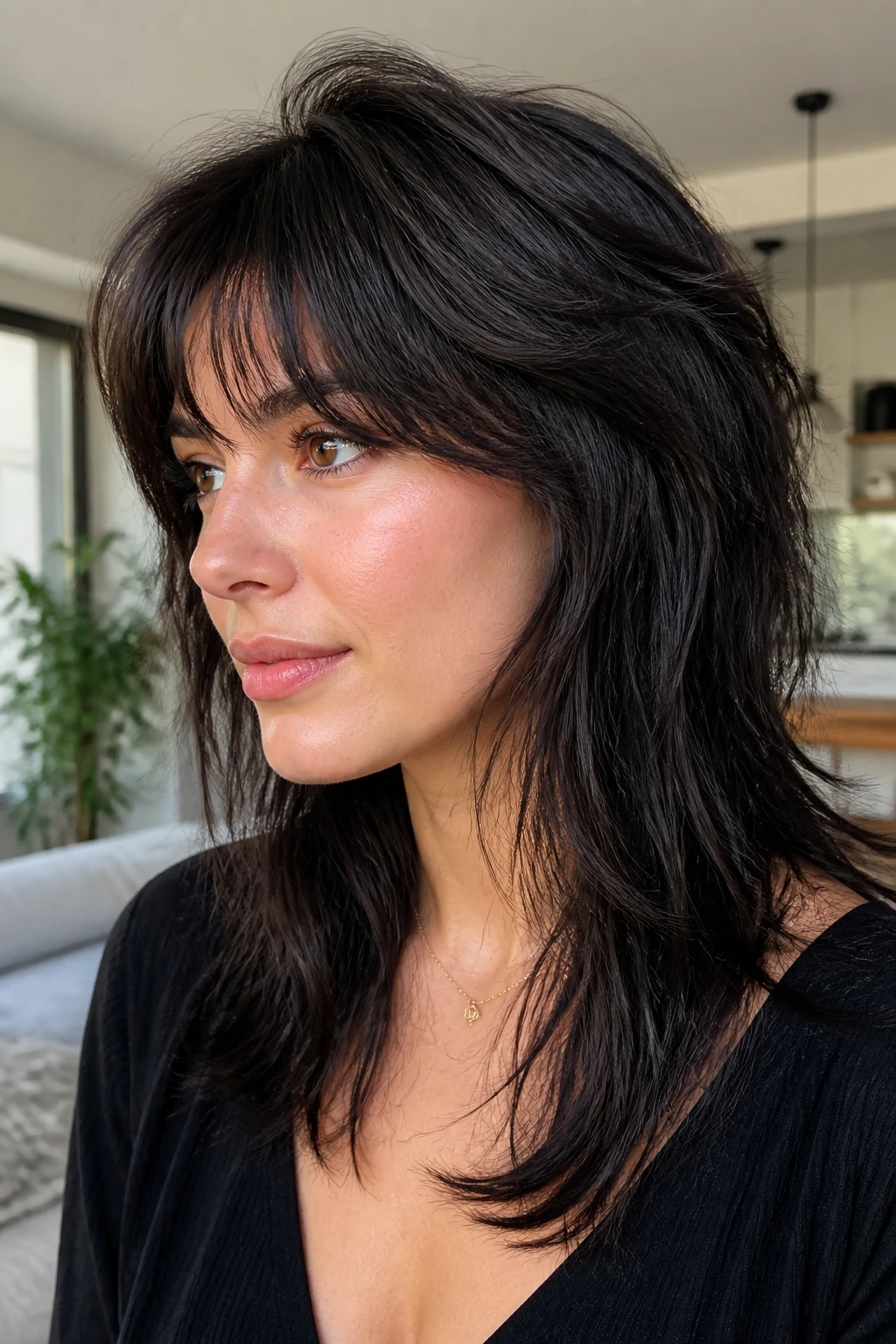 Close-up of triangle-prone hair with halo wolf cut on real person