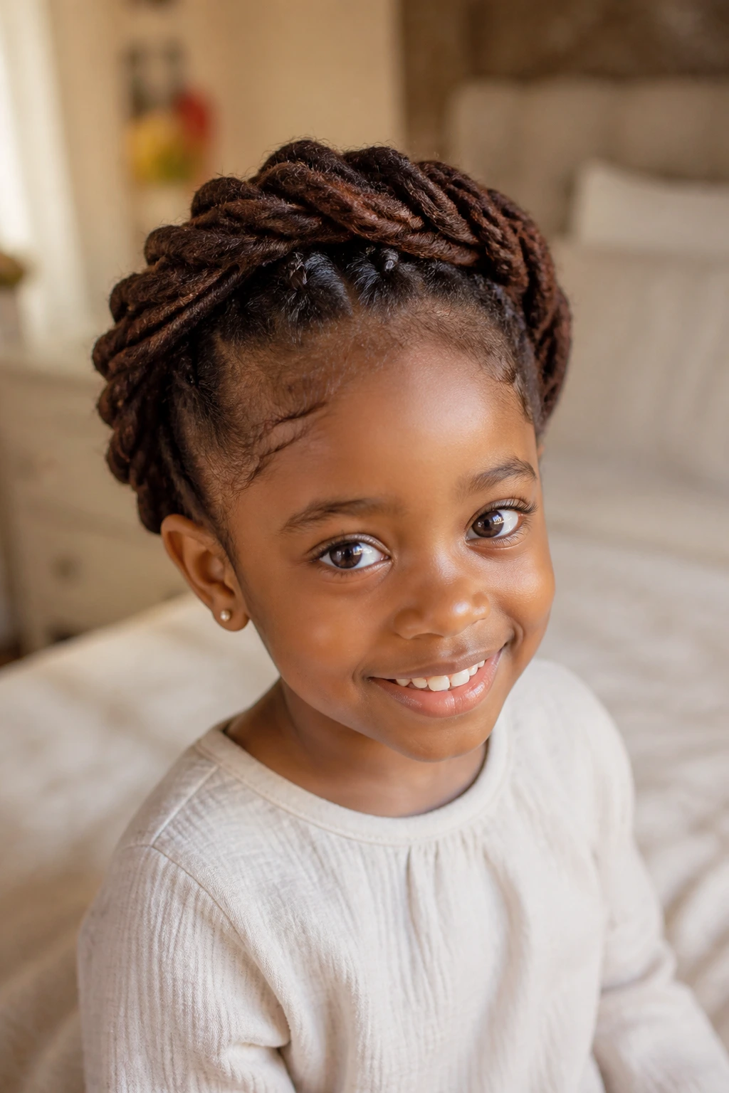 Close-up of a real child with a halo wrap crown around the head in warm window light