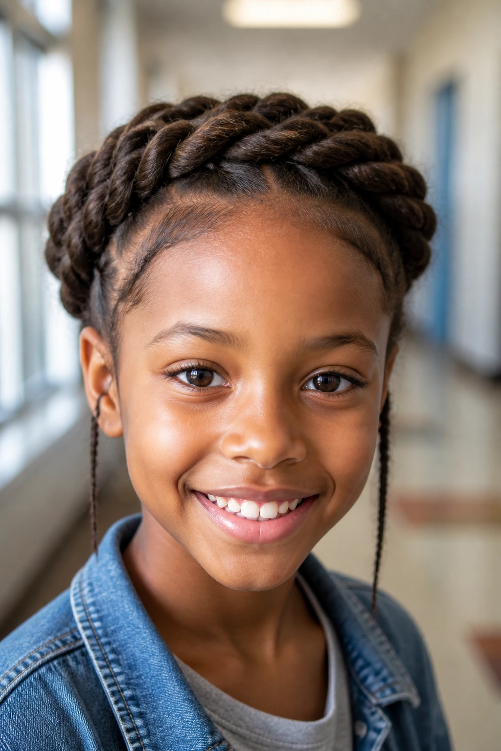 Child wearing halo wrap hairstyle in school setting