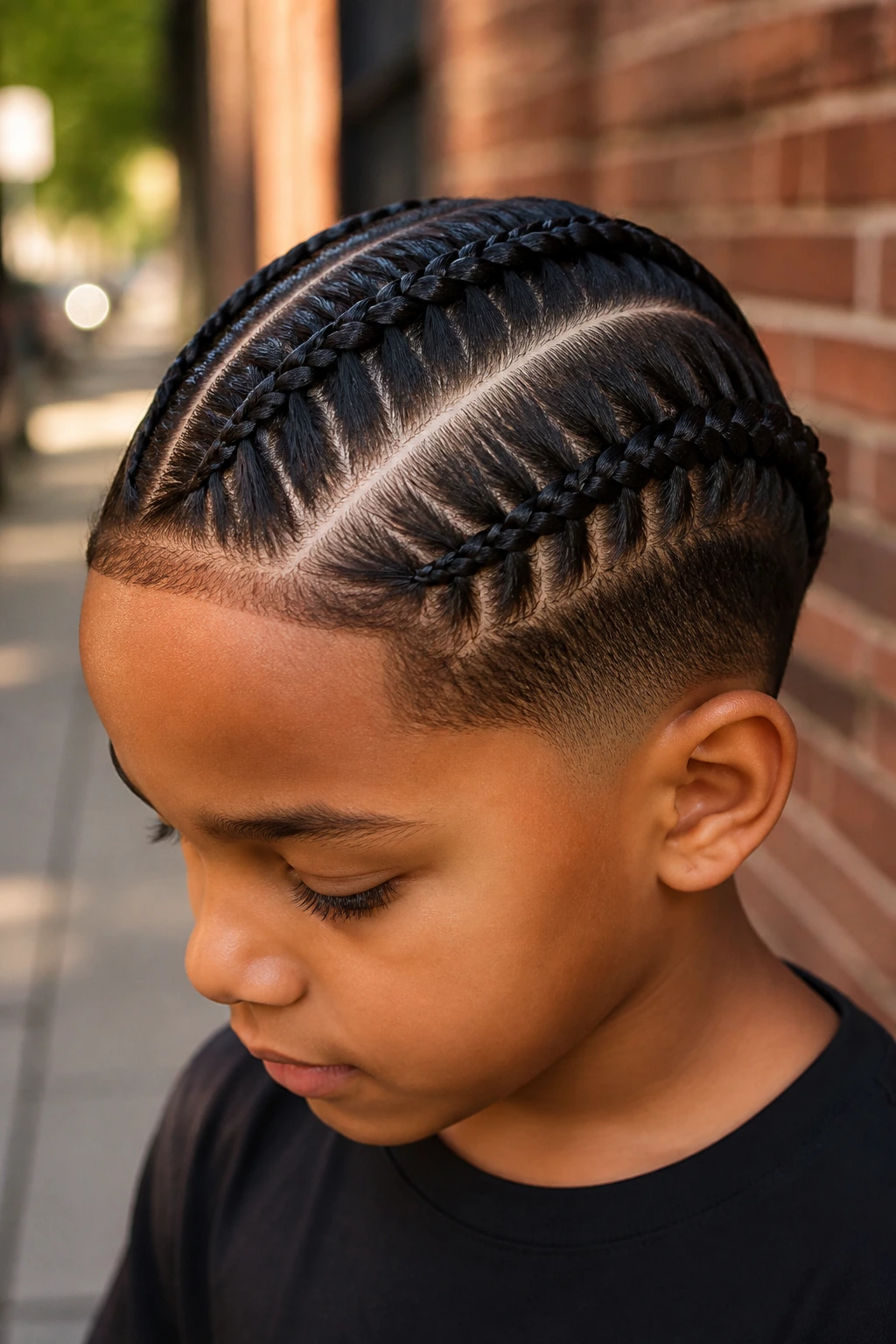 Real boy with side braids and a hard part in natural daylight.