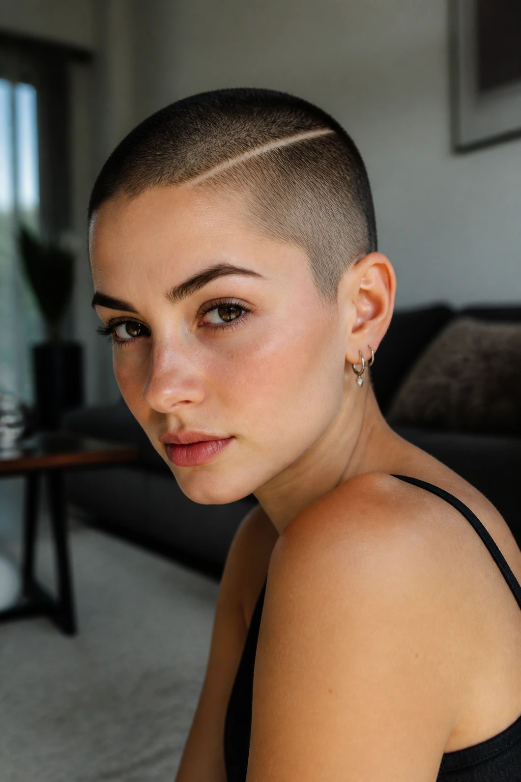 Close-up of a real person with a hard-part buzz and precise part line