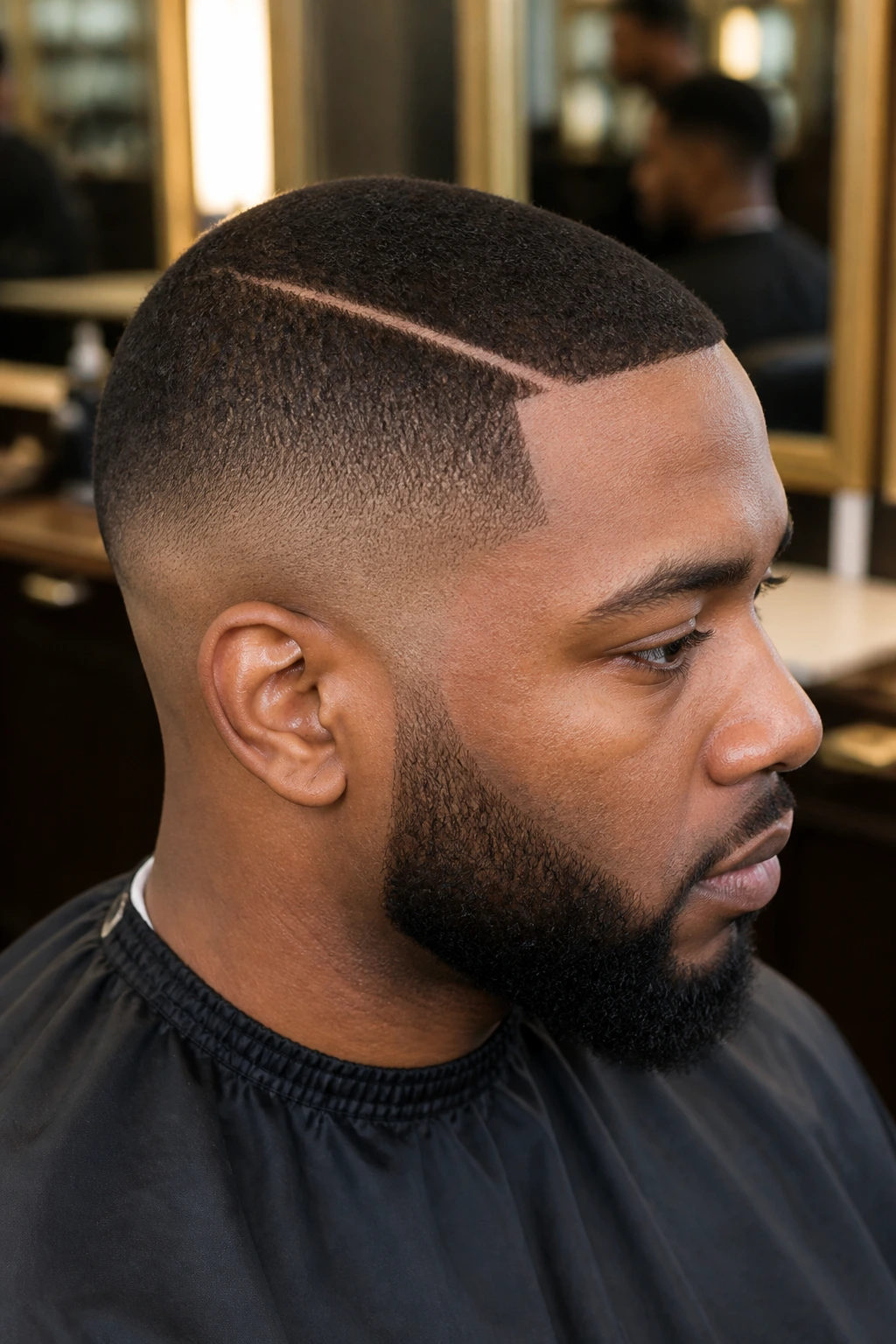 Close-up portrait of a real Black man with a hard part buzz and crisp shaved line.