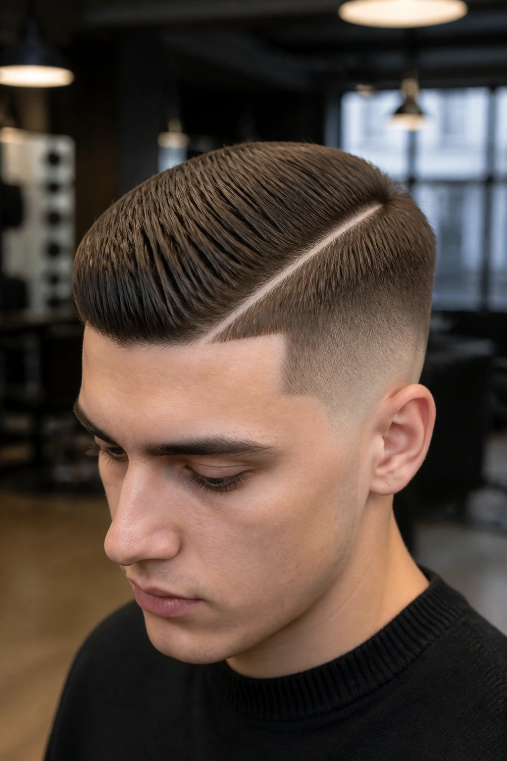Portrait of a real person with a hard-part Chelsea cut and a crisp top line.