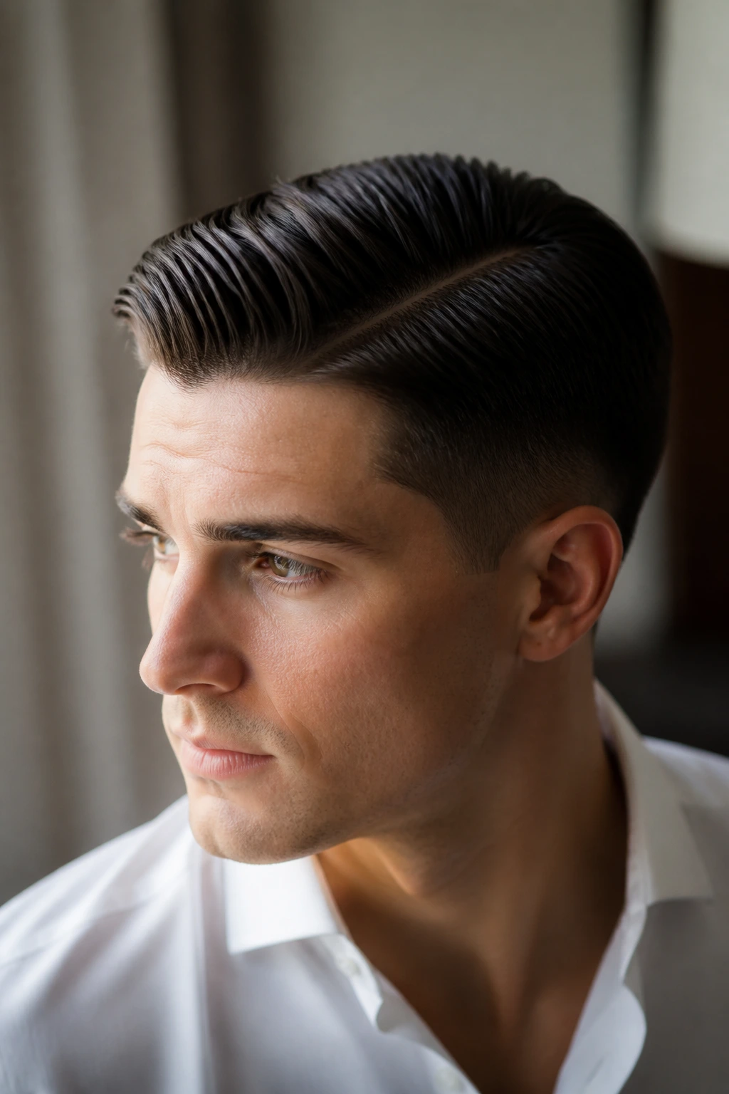 Close-up of man with hard-part comb over hairstyle