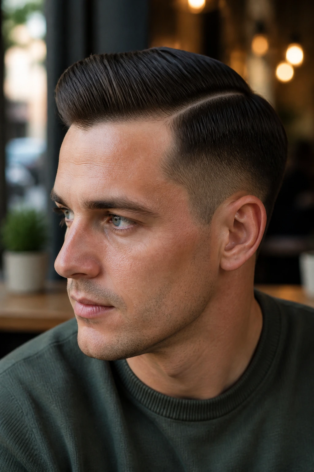 Portrait of man with a hard part comb over hairstyle