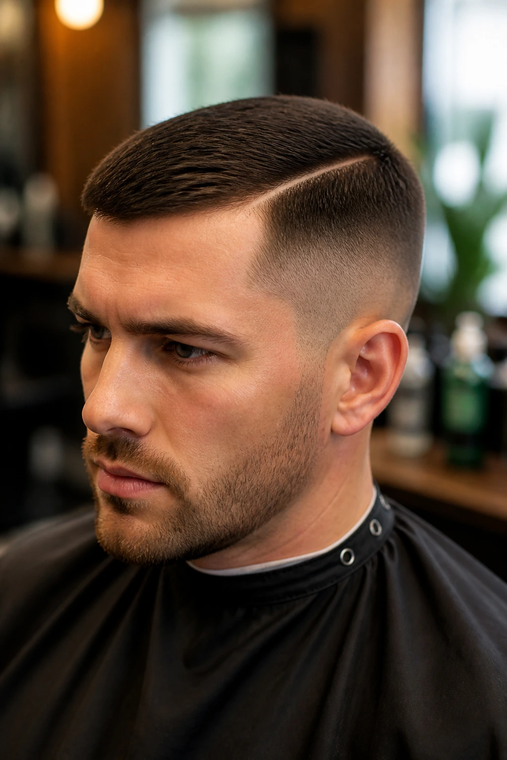 Close-up of a real man with a hard-part crew cut under warm barbershop lighting